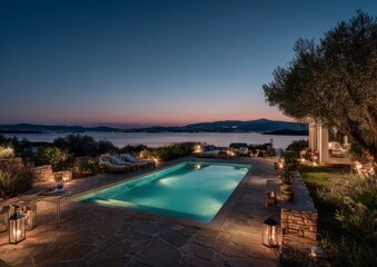 Island villa pool at twilight