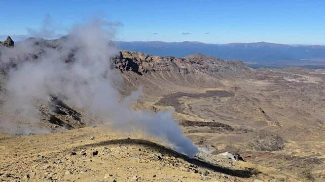 Erupting Geyser Footage Overlooking the Tundra Mountain Landscape atop Tongariro Alpine Crossing, New Zealand Stock Footage