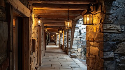 Stone Hallway with Lanterns and Wood Beams at Dusk