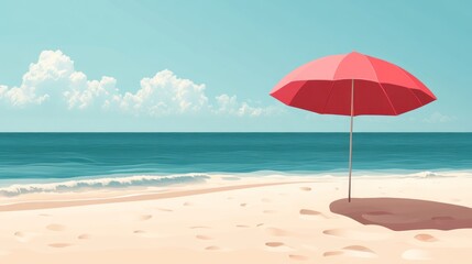 Beach scene with red umbrella; calm seascape; summer day; tranquil paradise; perfect vacation