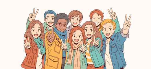 Diverse group of cheerful friends posing with peace signs. They stand together expressing joy and unity. The background is a plain light color, enhancing their playful mood.