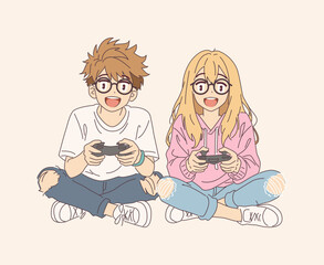 Anime style illustration of a joyful young couple playing video games. They sit on a neutral background. Their expressions convey excitement and fun in a casual setting.