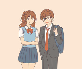 Anime illustration of a smiling boy with glasses and a girl, both in school uniforms. They stand side by side against a simple beige background, exuding a friendly vibe.