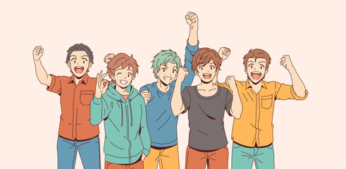 Obraz premium Group of five animated friends expressing joy and excitement. They stand together raising arms cheerfully. Light pastel background accentuates their happiness.