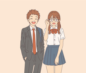 Two anime students in school uniforms smiling cheerfully. They appear joyful and friendly. The background is minimalistic cream color, enhancing their expressions.