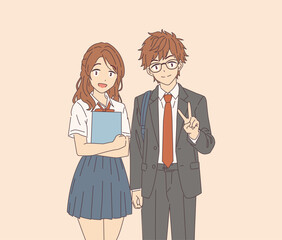 Anime characters in school uniforms smiling with a peace sign. Bright pastel background enhances the friendly atmosphere. Ideal for backtoschool or youth themes.