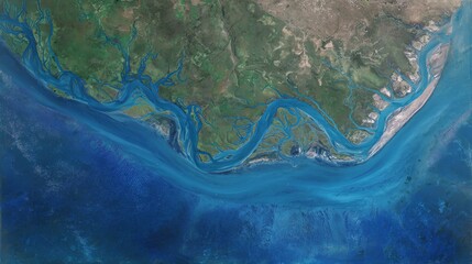 A satellite view of a river delta with multiple meandering channels flowing into the ocean, surrounded by green land and deep blue water.