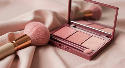 Makeup blush compact and brush on pink fabric
