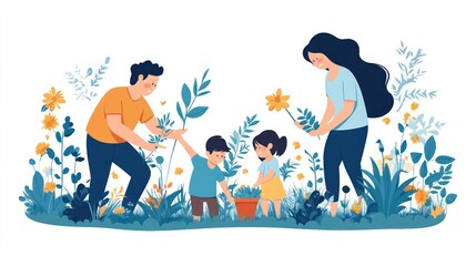 Family planting flowers in garden, happy, spring, children's activity, potential use in kids' books, educational materials