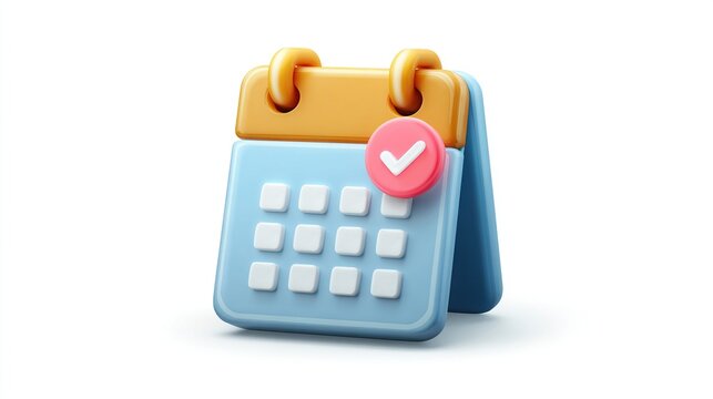 Glossy 3D calendar icon with check mark on white background, signifying completion