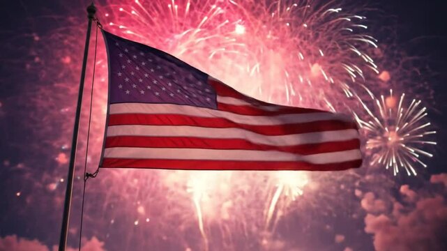 The American flag flutters in the night sky filled with colorful fireworks and sparkling lights, symbolizing celebration, patriotism, and national pride. 4k video