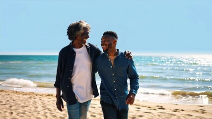 Cheerful senior father and his adult son are enjoying a leisurely stroll along a sunny beach, sharing laughter and creating happy memories together - Powered by Adobe