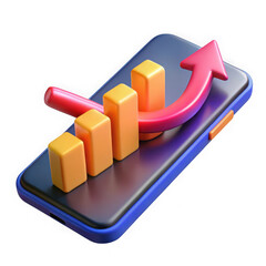 Photo of a smartphone displays a rising graph and arrow, representing business growth and financial success isolated on transparent background