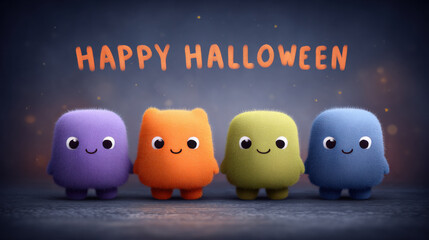Happy halloween. Cute colorful plush toys with happy Halloween text, featuring purple, orange, green, and blue characters