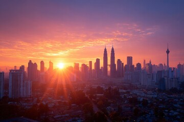 Fototapeta premium Sunrise bathes a skyline featuring skyscrapers and a telecommunications tower in hues of orange and purple