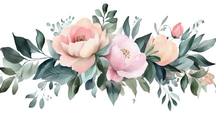 watercolor floral bouquet with green leaves on white background