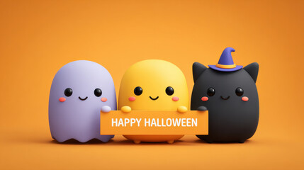Obraz premium Happy halloween. Cute cartoon characters with Halloween theme, featuring ghost, pumpkin, and cat holding Happy Halloween sign