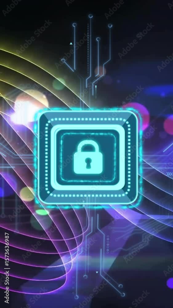 Poster animation of padlock icon with computer circuit board over light trails on black background
