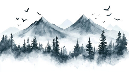 watercolor illustration of foggy mountains landscape on white background