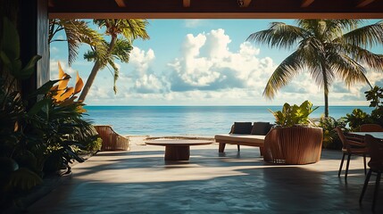 Relaxing Ocean View From Covered Patio with Tropical Plants