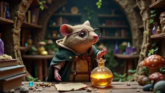 A curious mouse alchemist brews a potion in a whimsical library, with glowing ingredients, mystical books, and fantasy charm in a unique animal apothecary scene.