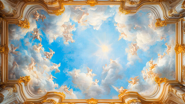Baroque-style fresco ceiling mural illustration depicting a radiant blue sky and heavenly scene with angels, ornate clouds, intricate details, and classical decorative flourishes. 65926276 1