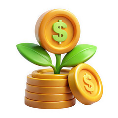 Photo of a dollar coin plant growing from a stack of coins symbolizes financial growth and investment success isolated on transparent background