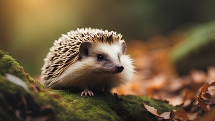 Cute hedgehog foraging in a natural forest environment among dry foliage