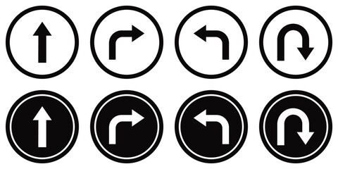 Traffic Direction Arrow Sign Icons – U-Turn, Left, Right and One Way Symbol Set 