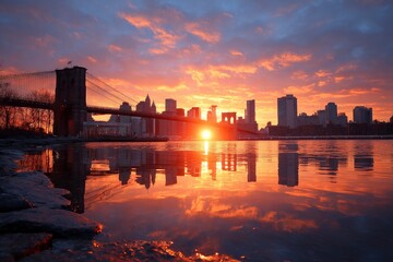 Fototapeta premium Sunrise view of NYC skyline and Brooklyn Bridge reflected in the water