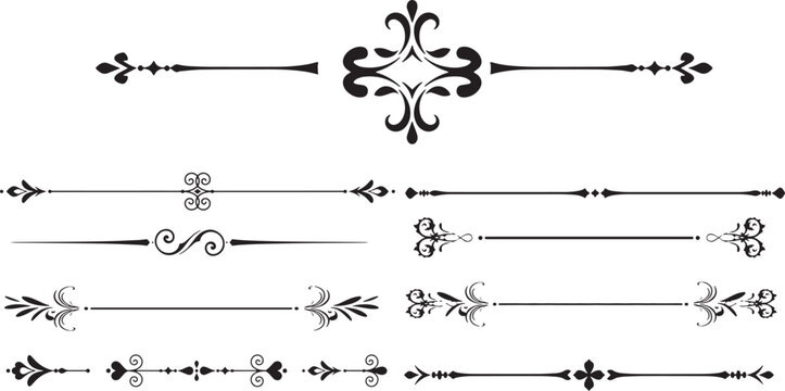 Set of ornate black horizontal rule lines and decorative page dividers with flourishes.