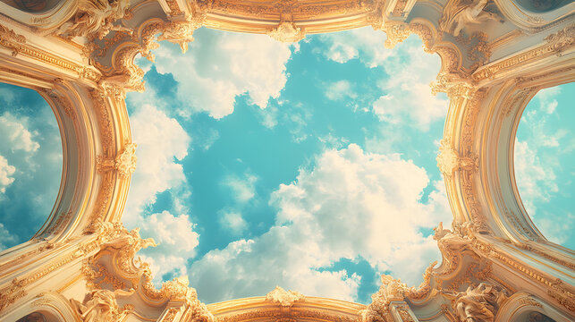 Baroque-style ceiling mural fresco illustration showcasing a vibrant blue sky and heavenly scene with intricate details, ornate clouds, angels, and classical decorative elements. 68199176 4