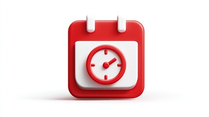 3D render of a stylized red calendar with clock overlay, isolated on white
