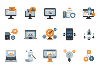 A set of business  technology icons various designs in matching style on a white background