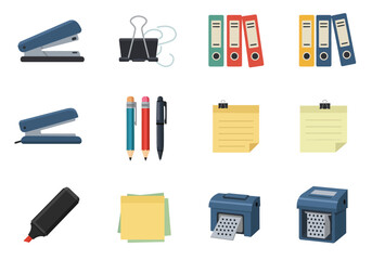 Assorted stationery items arranged neatly including staplers binders and pens