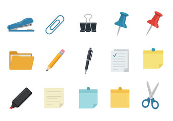 Assorted office supplies stapler paper clip binder clip pins folder pen pencil sticky notes marker scissors
