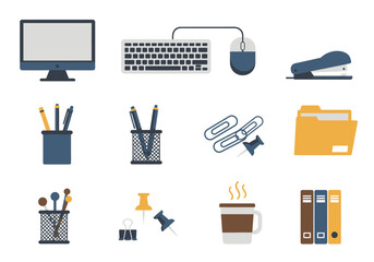 Assorted vector office supplies computer keyboard stapler pens clips files tacks coffee and binders are depicted