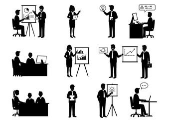 Black silhouettes of people in business settings presenting working at desks in meetings