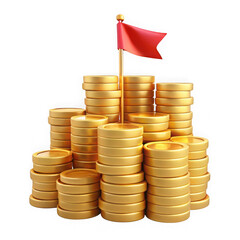 Photo of a stack of golden coins with a red flag symbolizes financial success and achievement isolated on transparent background