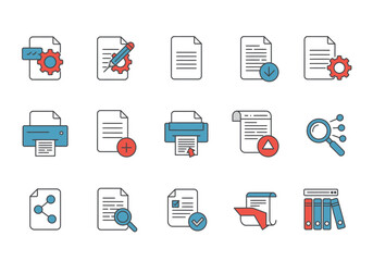 Fifteen stylized file icons each symbolizing a file type or function