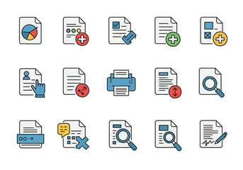 Fifteen document icons data chart edit check plus signs print magnifying glasses pen paper cursor arrows message bubble x mark