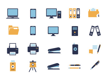 Iconography array showcases office  tech items laptop phone PC files folders printers staplers pens easel USB
