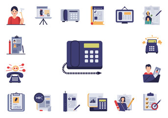 Icons depict workrelated themes There are telephones documents and people