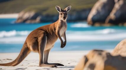 Kangaroo looking toward ocean horizon at iconic Lucky Bay coastline in Australia