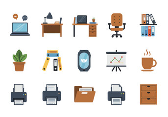 Office icons desk chair laptop plant files projector screen printer coffee and more