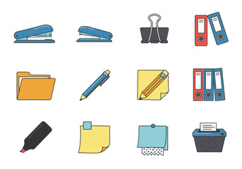 Office stationery icons are neatly arranged on a white background