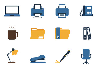 Office supplies arranged in a grid include a laptop printer phone mug file folders desk lamp stapler pen and chair