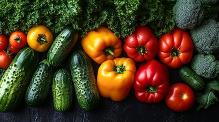 Colorful abundance of vegetables, vibrant tomatoes, cucumbers, and peppers, rich green and red tones, fresh and lively