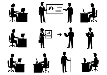 Office workers various activities like presenting computing and reviewing documents are depicted