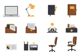 Vector art depicts office items including a laptop lamp notebooks files a desk chair and office supplies
